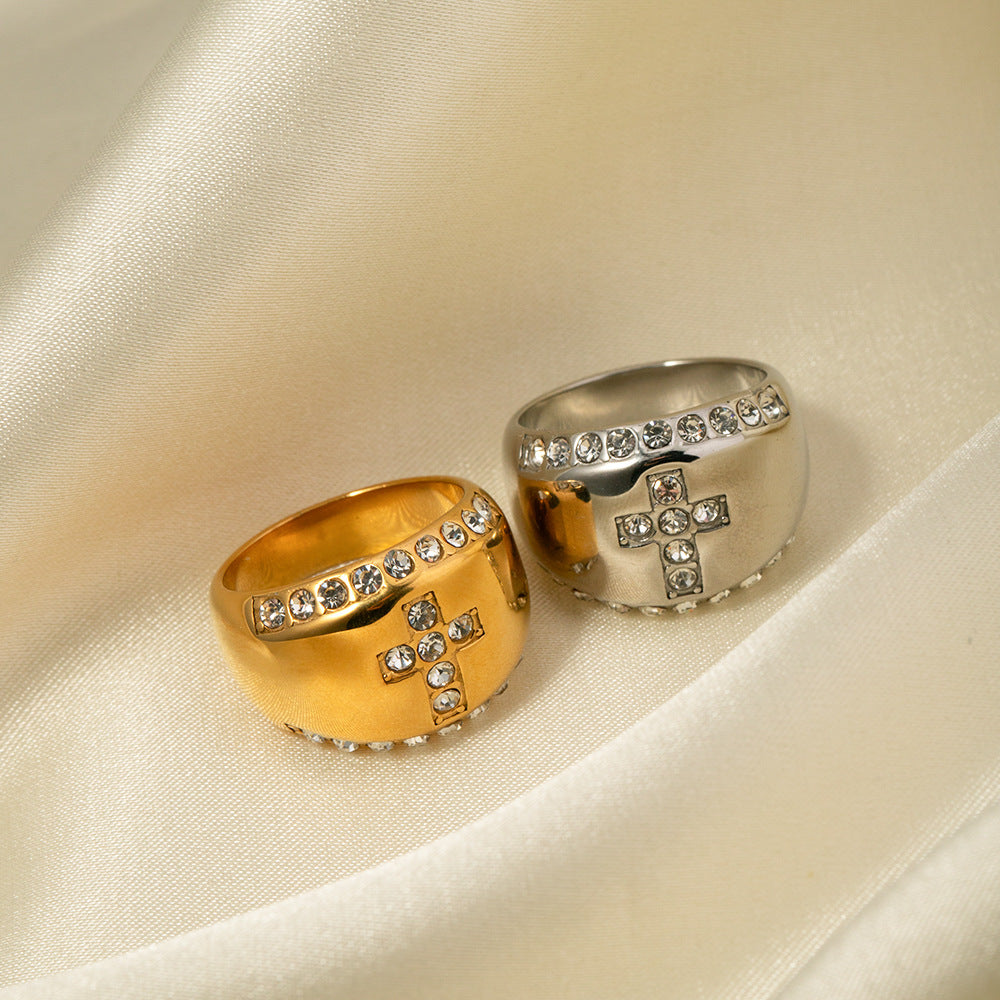 Anillo de cruz geométrico de moda chapado en oro de 18 quilates de acero inoxidable con incrustaciones de diamantes de imitación para mujer