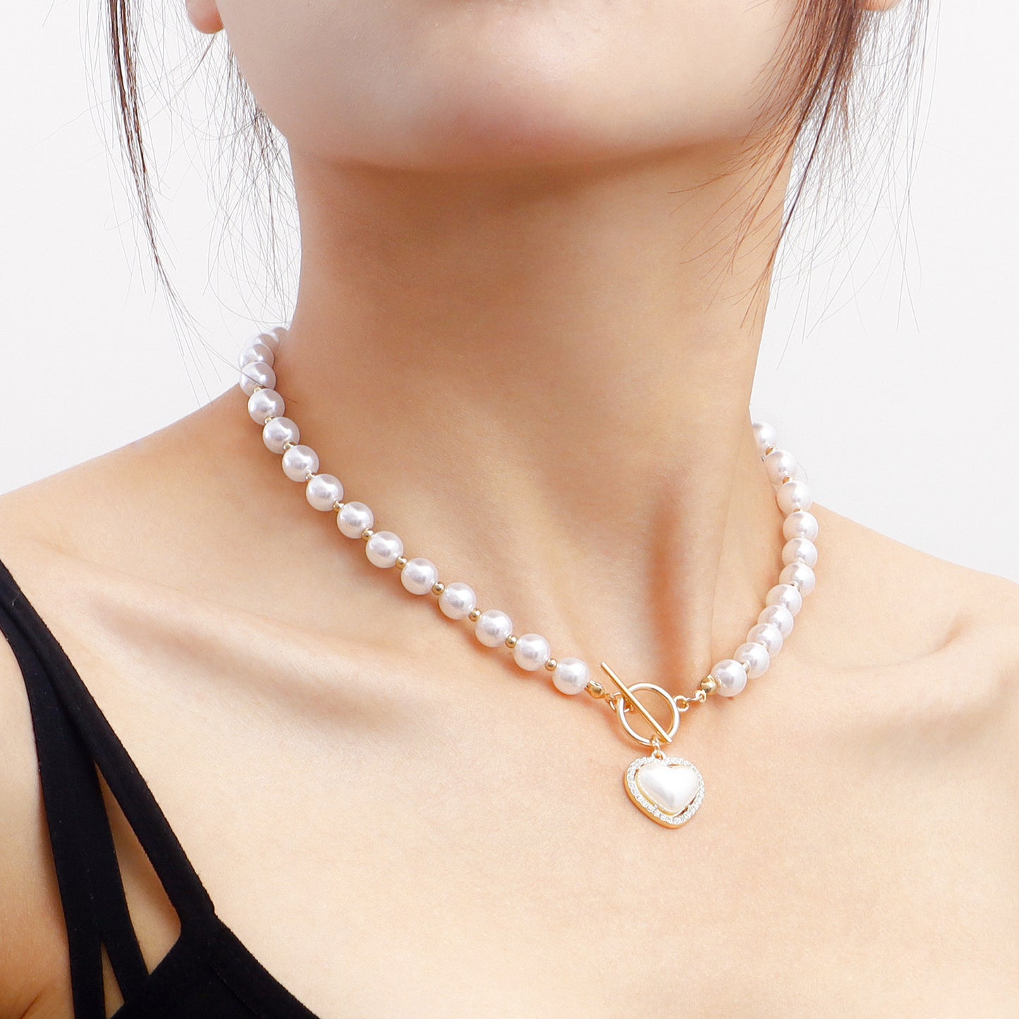 Sweet Acrylic and Pearl Beaded Necklace with Heart Pendant on Pearl Chain for Women