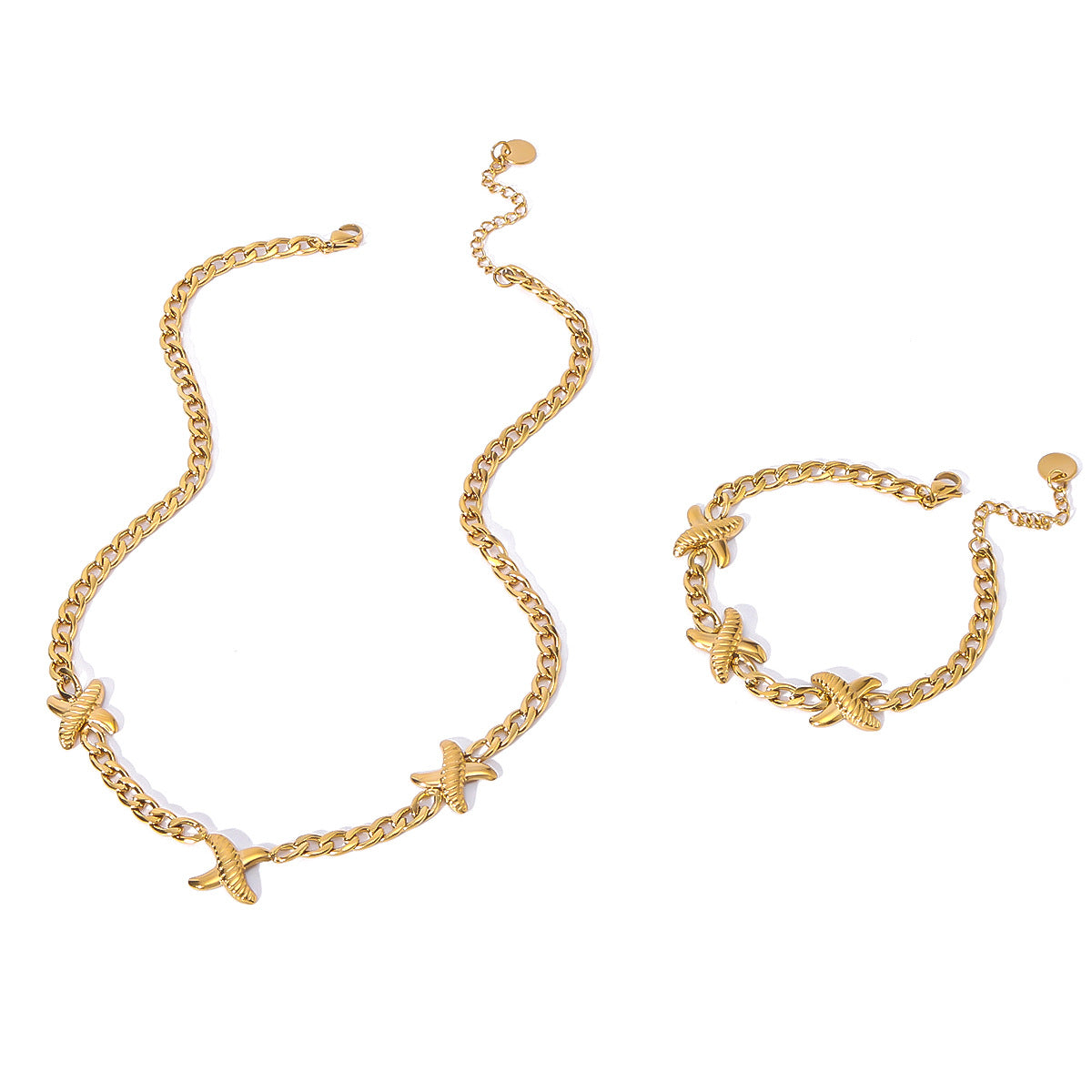 Geometric Shape Stainless Steel Necklace and Bracelet Set with 18K Gold Plating for Women