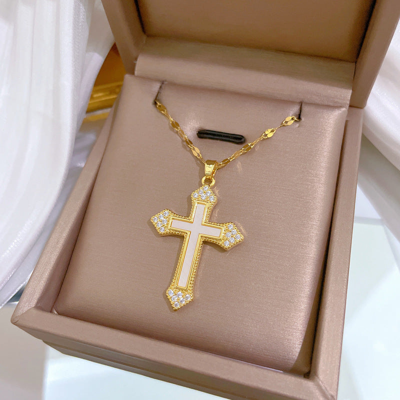 Luxury Titanium Steel Seashell Cross Pendant Necklace for Women with Rhinestone Inlay, Geometric Design, Delicate Clavicle Chain