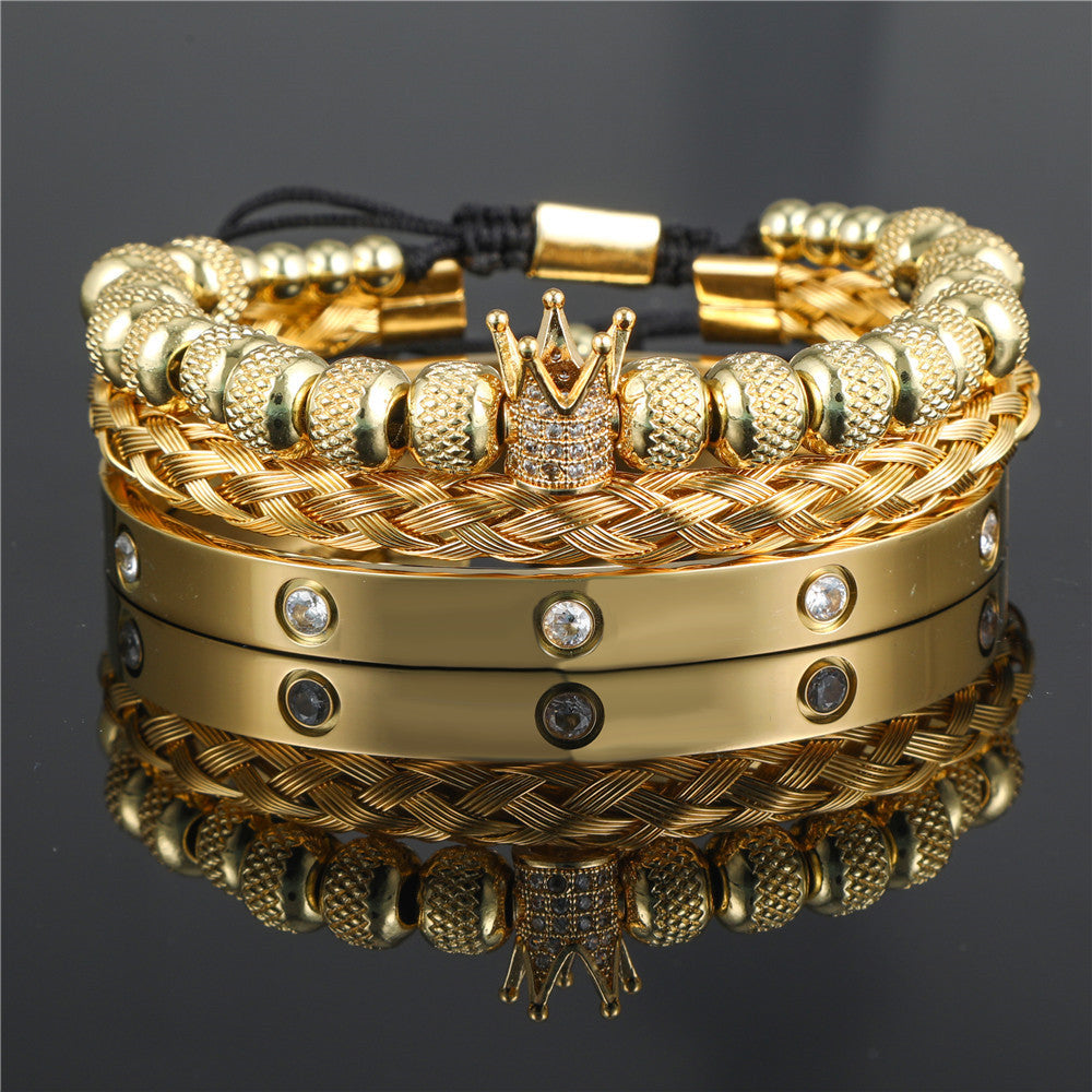 Fashion Commuter Geometric C-Shape Micro-inlay Cubic Zirconia Crown Pineapple Bead Titanium Steel Stainless Steel Bracelet Set for Women