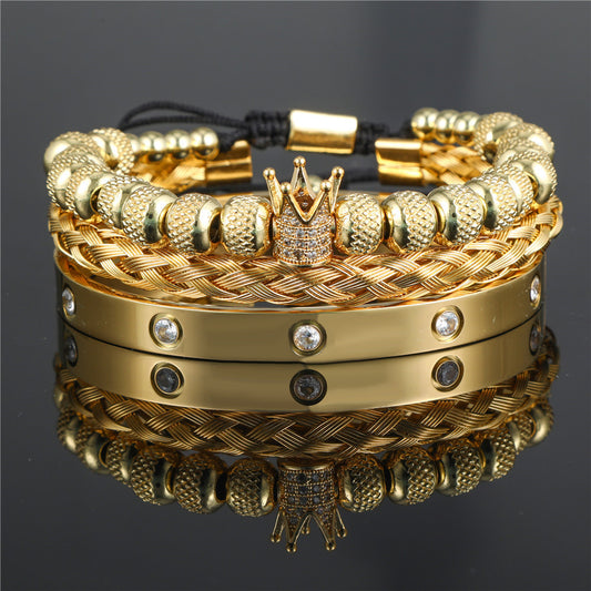 Fashion Commuter Geometric C-Shape Micro-inlay Cubic Zirconia Crown Pineapple Bead Titanium Steel Stainless Steel Bracelet Set for Women