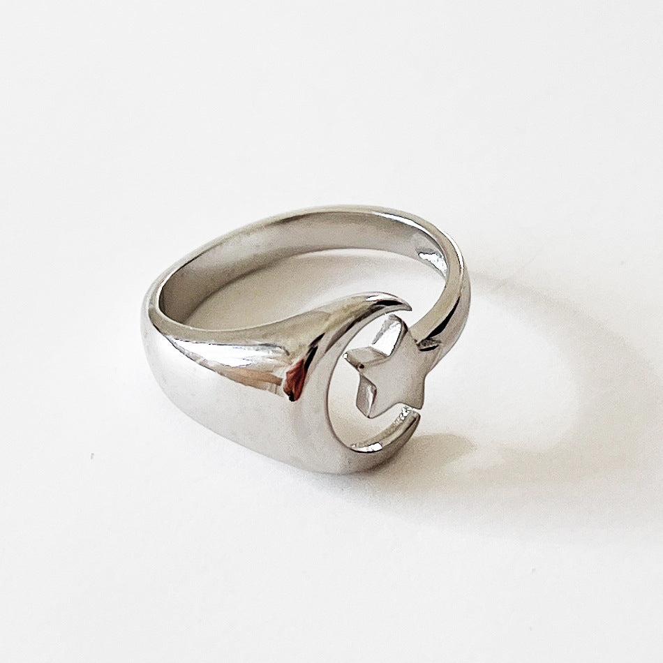 Anillo minimalista de plata de ley 925 con diseño de corazón, estrella y luna para mujer