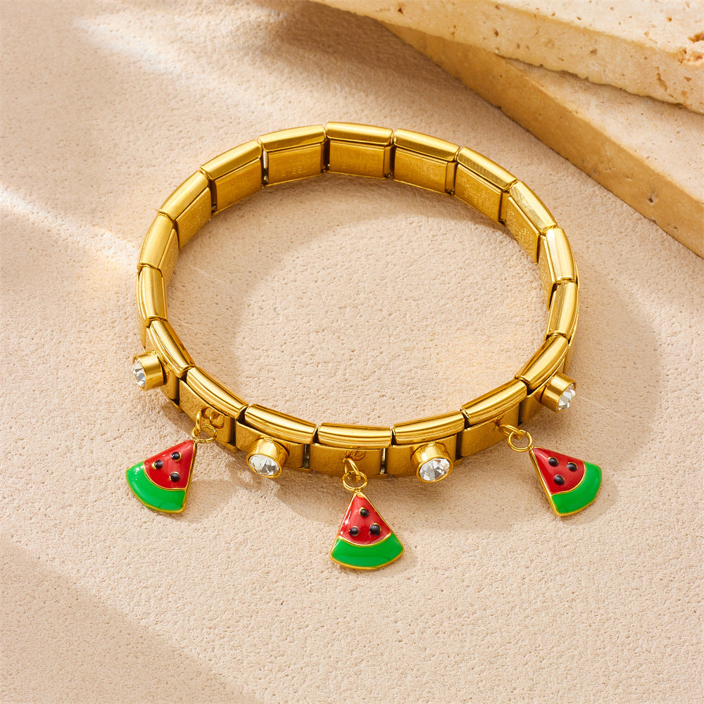 Sweet Fruit Series Drip Oil Rhinestone Inlay Gold Plated Stainless Steel Bracelet