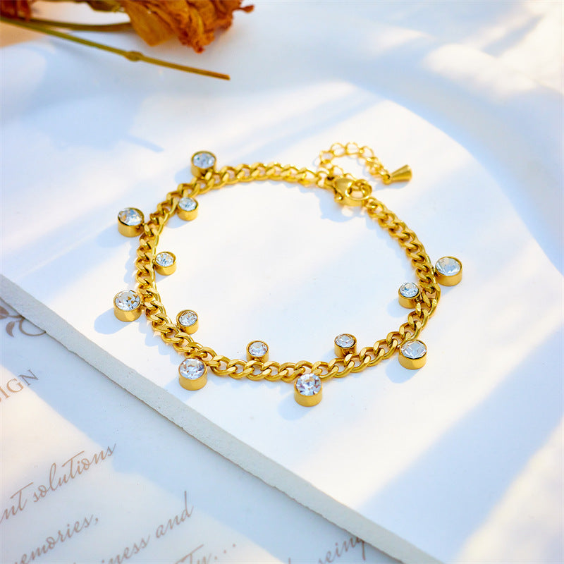 Minimalist Irregular Round Rhinestone-Embellished Titanium Steel Bracelet for Women