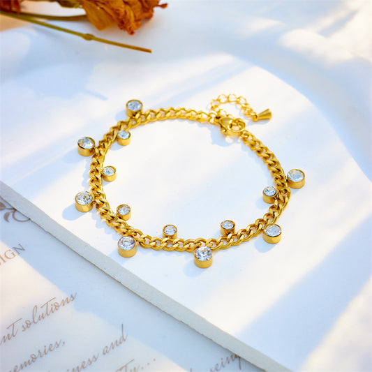 Minimalist Irregular Round Rhinestone-Embellished Titanium Steel Bracelet for Women