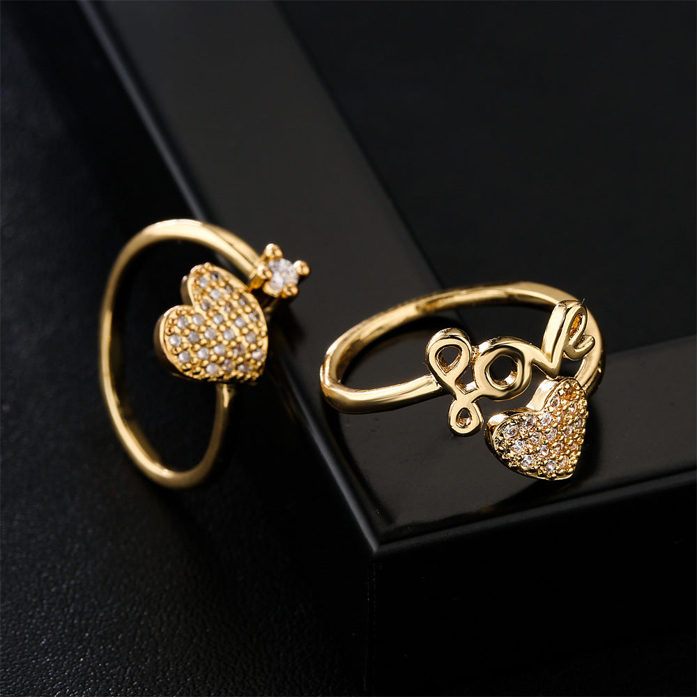 Elegant 18K Gold Plated Heart Geometric Brass Ring with Micro-Inlaid Cubic Zirconia for Women