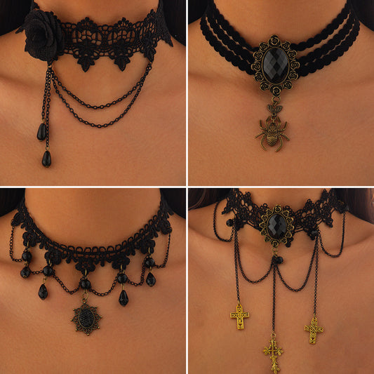 Gothic Plated Alloy Teardrop Crystal Lace Necklace for Women
