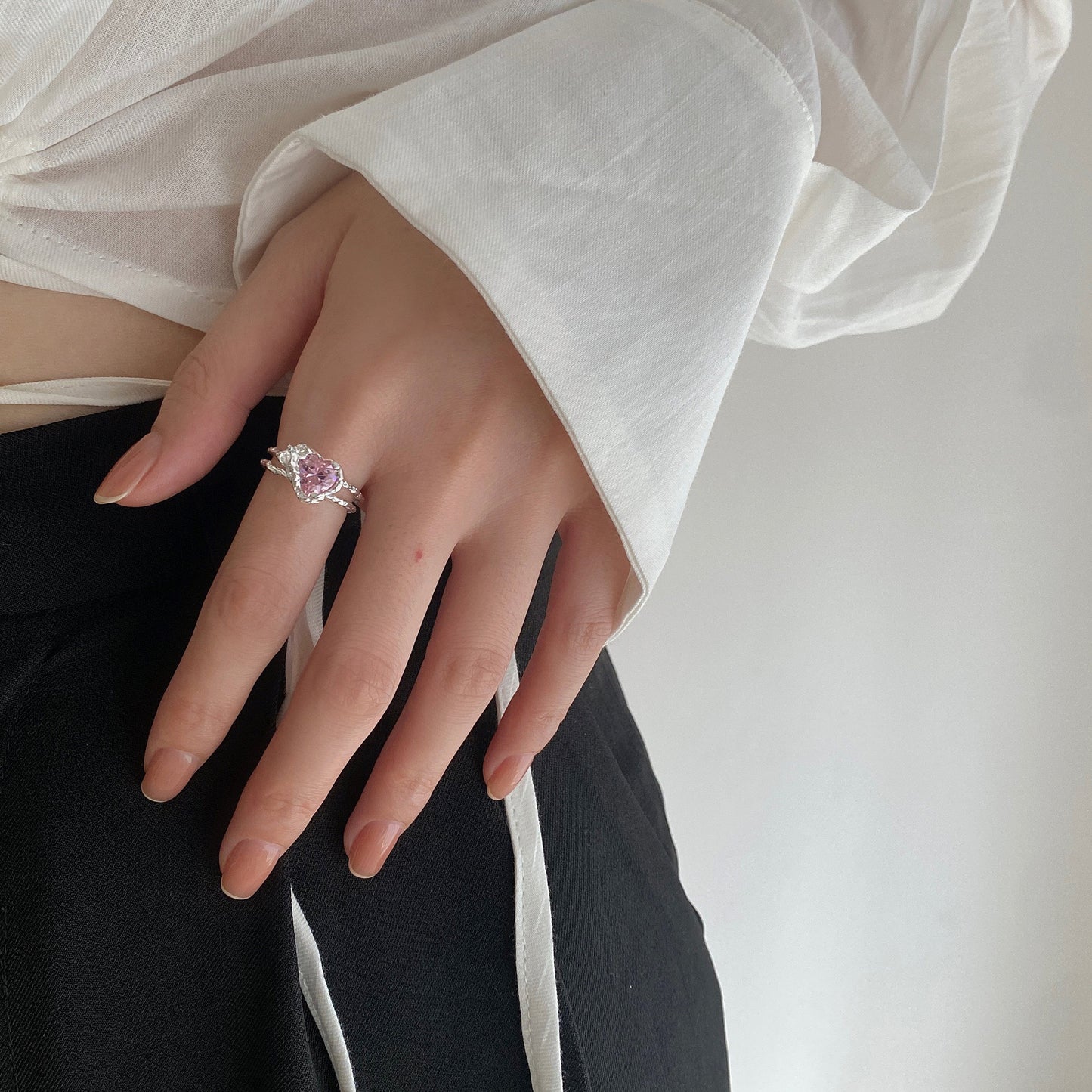 Minimalist Irregular Heart-Shaped Pink Zirconia-Set S925 Sterling Silver Open Ring with Textured Surface