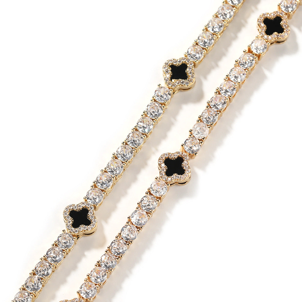 Four-Leaf Clover Rhinestone Inlay Brass Tennis Chain Necklace for Women