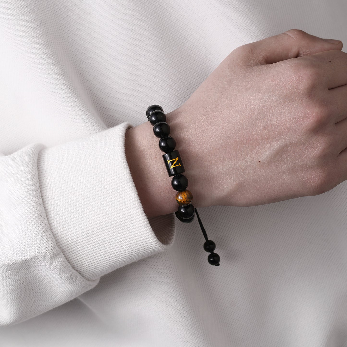 10mm Round Agate Beaded Bracelet with Alphabet Letters Adjustable Unisex