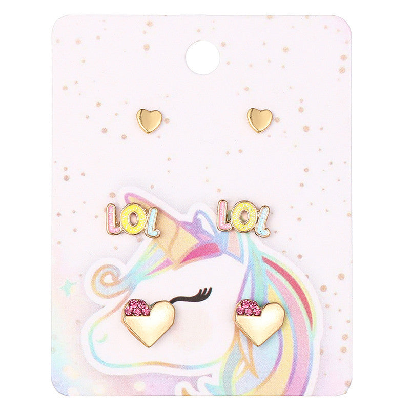 Set de pendientes de aleación con forma de corazón y letras estilo dibujos animados con acabado de esmalte para niños