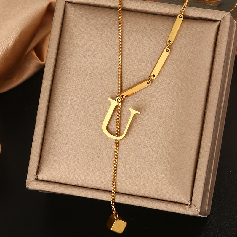 Minimalist Titanium Steel Letter Pendant Necklace with Tassel for Women