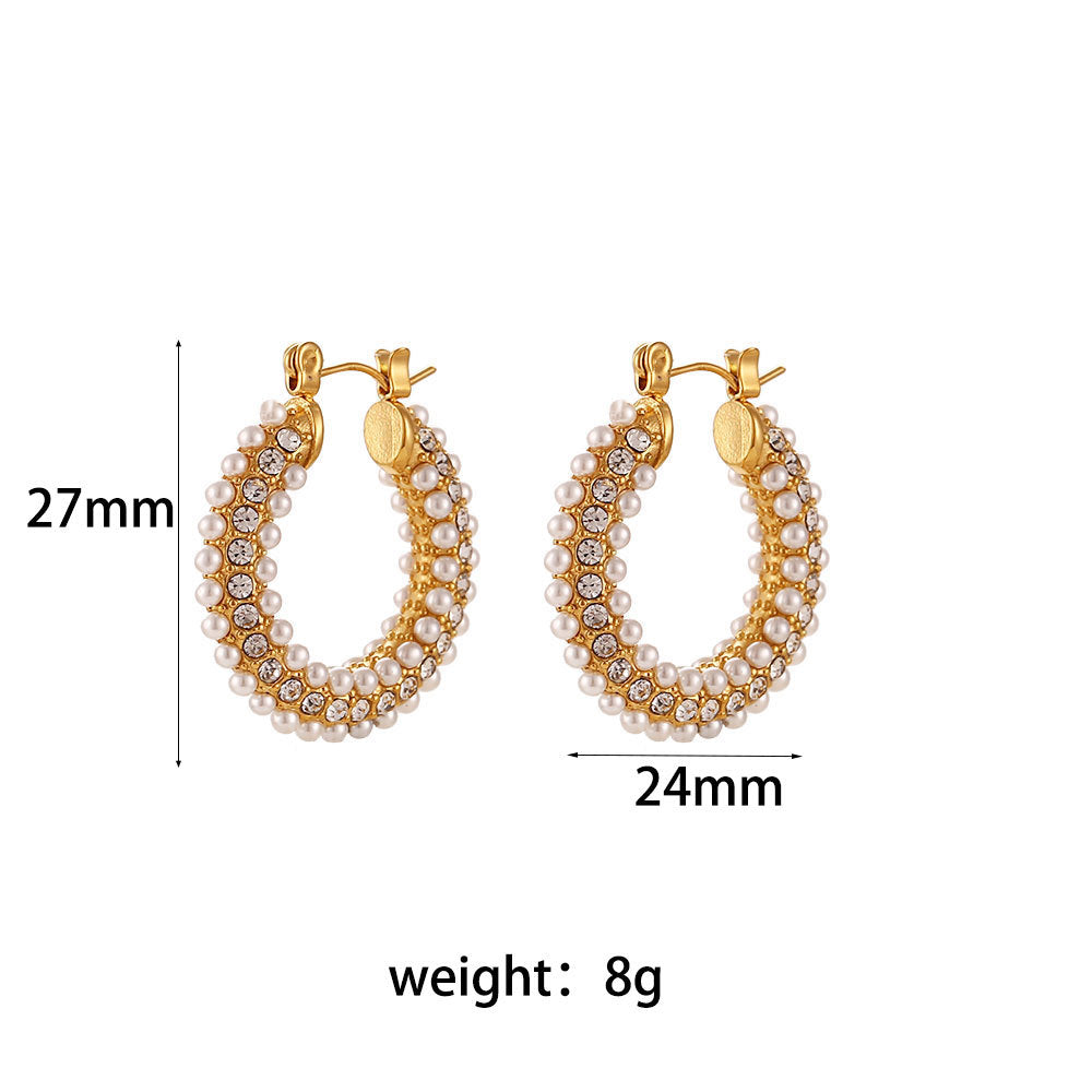 Minimalist Luxe Stainless Steel Plated 18K Gold Hoop Earrings with Zircon and Pearl Inlay for Women