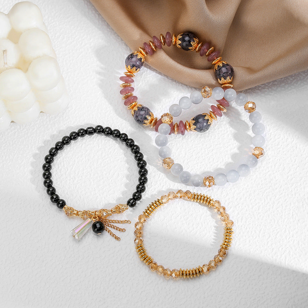 Bohemian Ethnic Geometric Round Glass Agate Crystal Tassel Multi-layer Bracelet