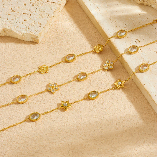 Minimalist Sweet Gold Plated Stainless Steel Rhinestone Floral Star Oval Bracelet