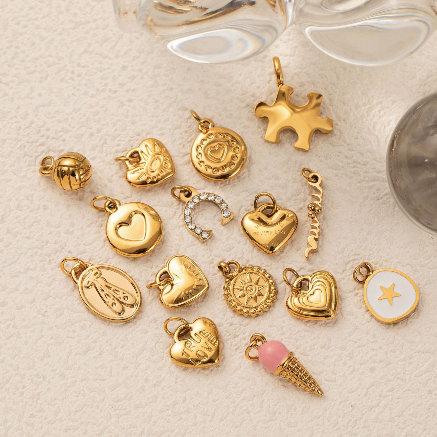 Vintage 18K Gold Plated Stainless Steel Heart Pendant DIY Charm Bar Necklace