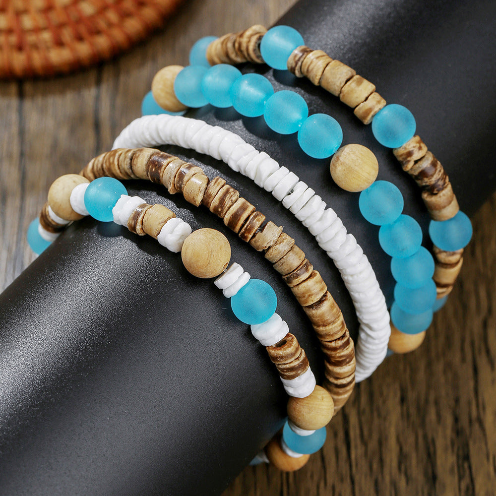 Bohemian Round Wood and Shell Beaded Bracelet