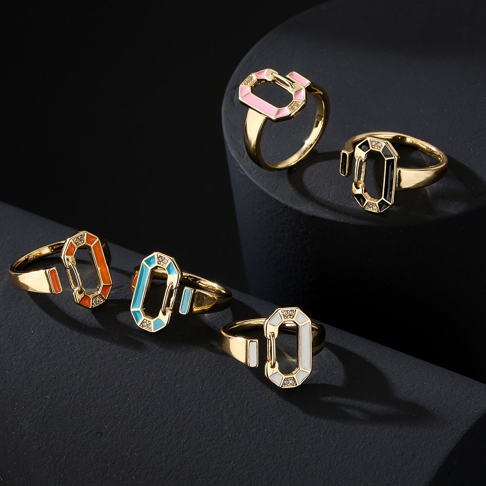 Anello Geometrico in Rame in Stile Bohemien con Placcatura in Oro 18K e Finitura a Smalto da Donna