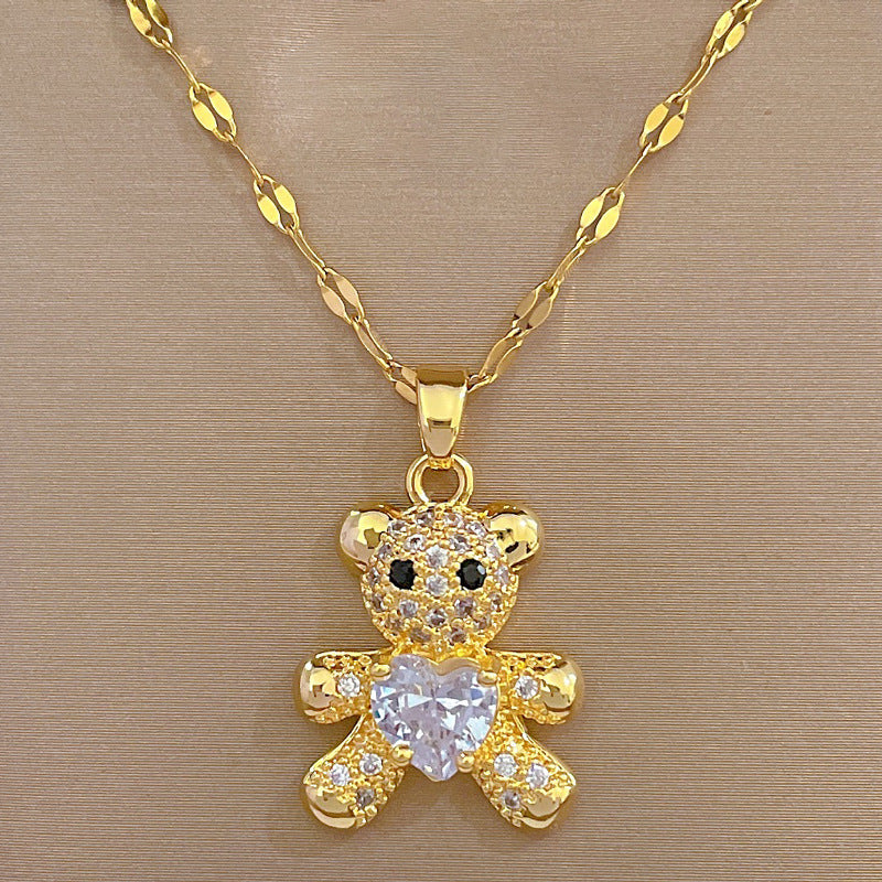 Bear Pendant Necklace and Earrings Set Titanium Steel Geometric Luxury Sweet Party Jewelry