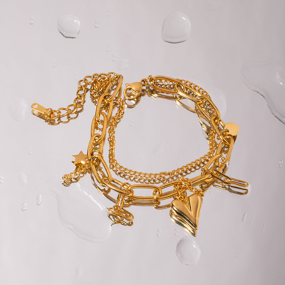 Fashionable Ins Style 18K Gold Plated Stainless Steel Double Layer Bracelet with Heart and Star Pendants