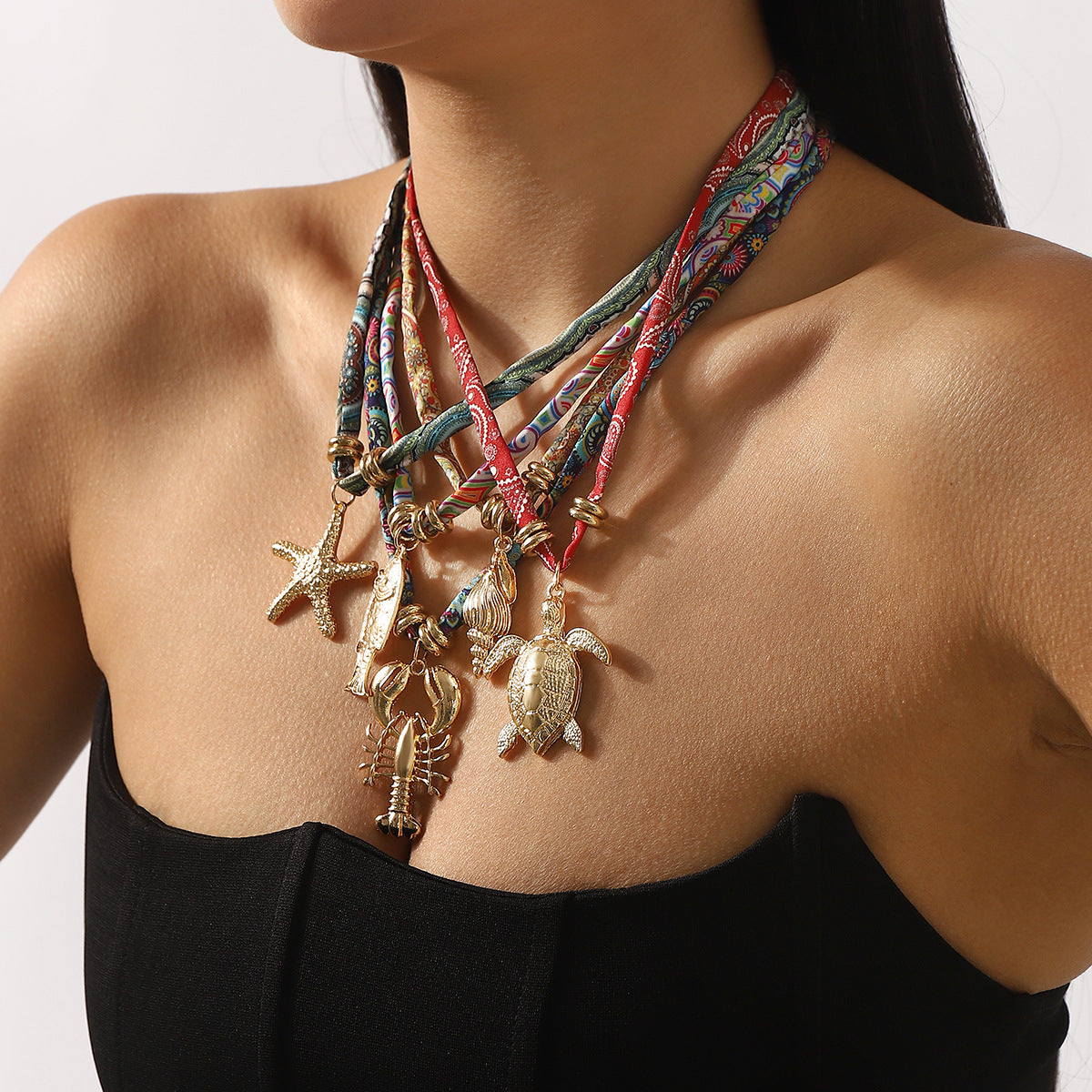 Sweet and Edgy Ocean-Themed Alloy Pendant Necklace with Turtle Seashell Starfish Motifs and Fabric Accents for Women
