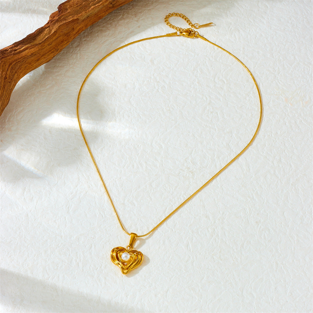 Minimalist Gold Plated Irregular Heart Pearl Pendant Stainless Steel Snake Chain Necklace for Women