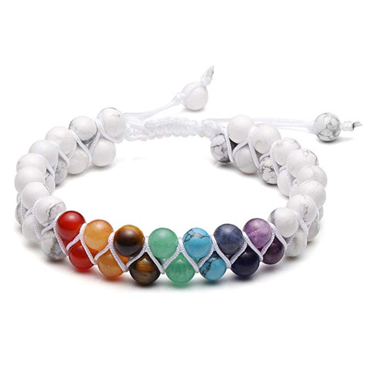 Minimalist Natural Volcanic Lava Stone and White Turquoise Woven Double Layer Adjustable Bracelet