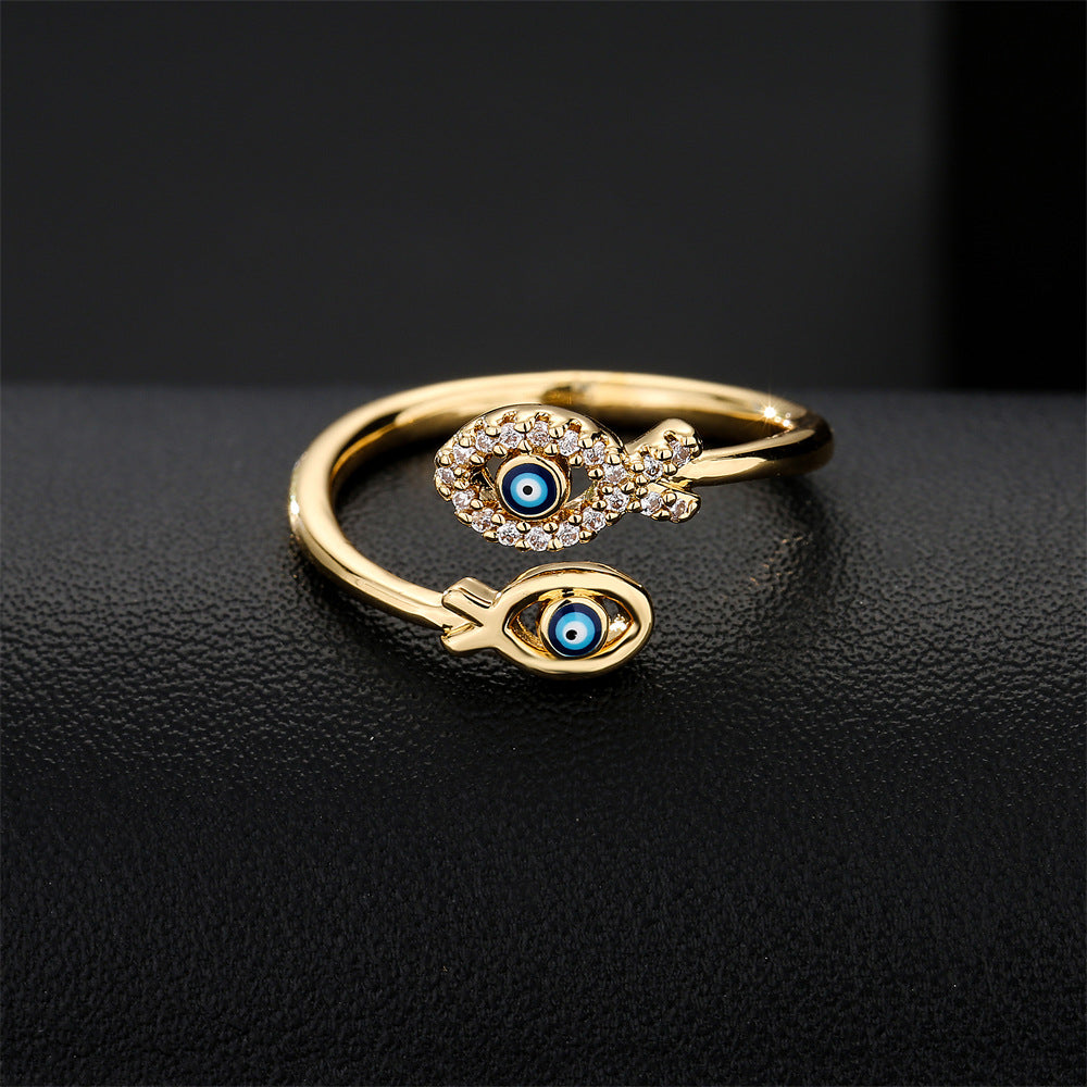 Minimalist Geometric Evil Eye Ring in Copper with Gold Plating and Micro-Pave Setting