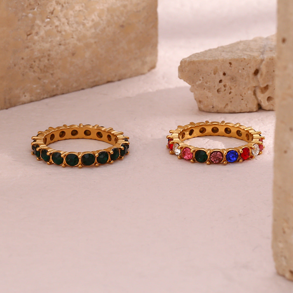 Minimalist Geometric Stainless Steel Ring for Women with 18K Gold Plating and Micro-Paved Colored Zirconia