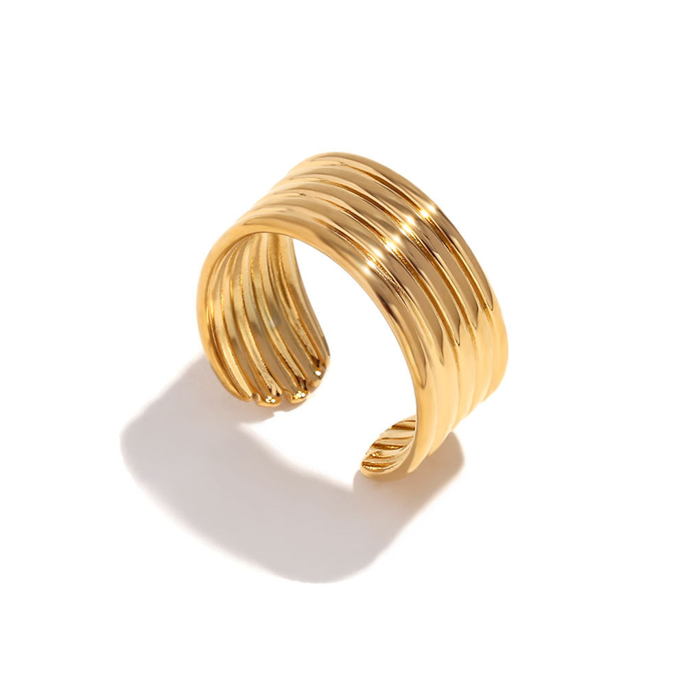 Minimalist Geometric Stainless Steel Plated 18K Gold Vintage Open-End Multi-Layer Striped Ring for Women