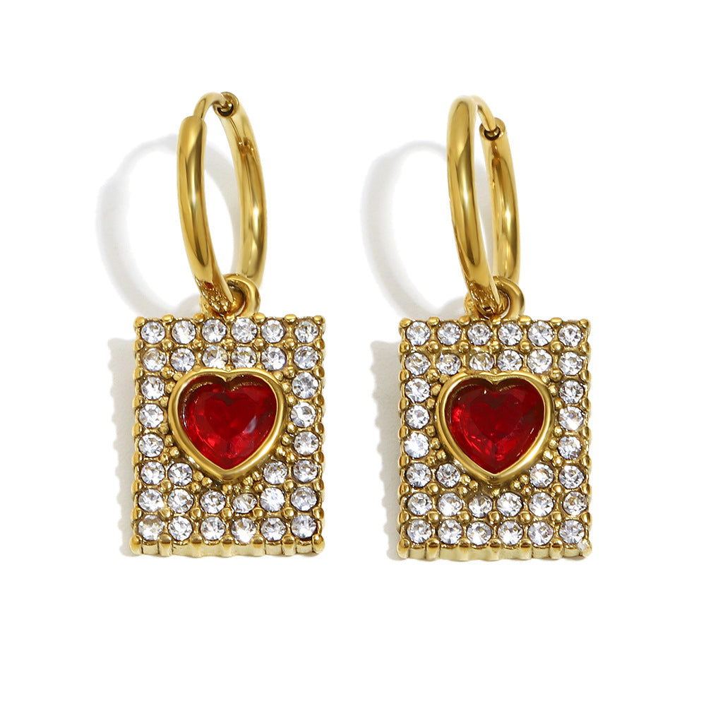 Minimalist Geometric Red Heart Stainless Steel Earrings with 18K Gold Plating and Full Rhinestone Inlay for Women