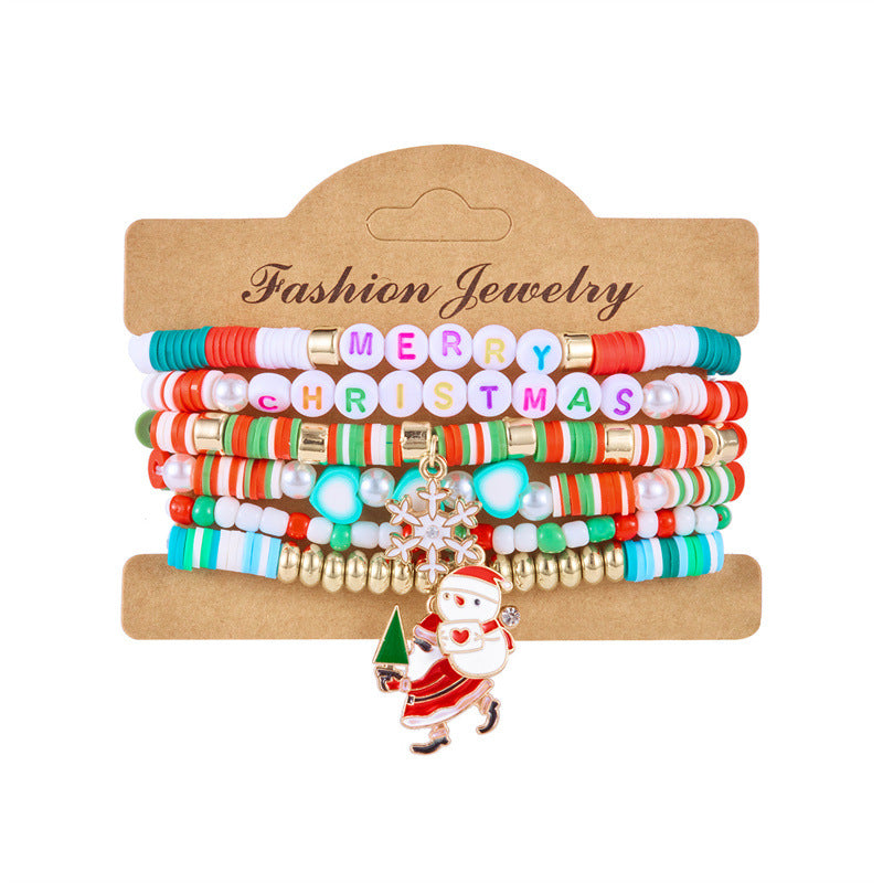 Pulsera minimalista con temática navideña con diseño de Papá Noel, bastón, muñeco de nieve, cuentas con letras y dije de aleación