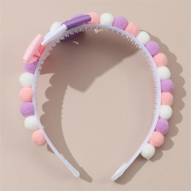 Graziosa Fascia per Capelli Minimalista per Bambini con Fiocco Abbinato e Dettagli Pompon in Viola Rosa e Bianco