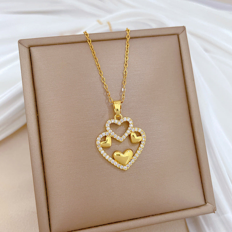 Sweet Minimalist Hollow Double-Layer Heart Rhinestone Titanium Steel Necklace for Unisex