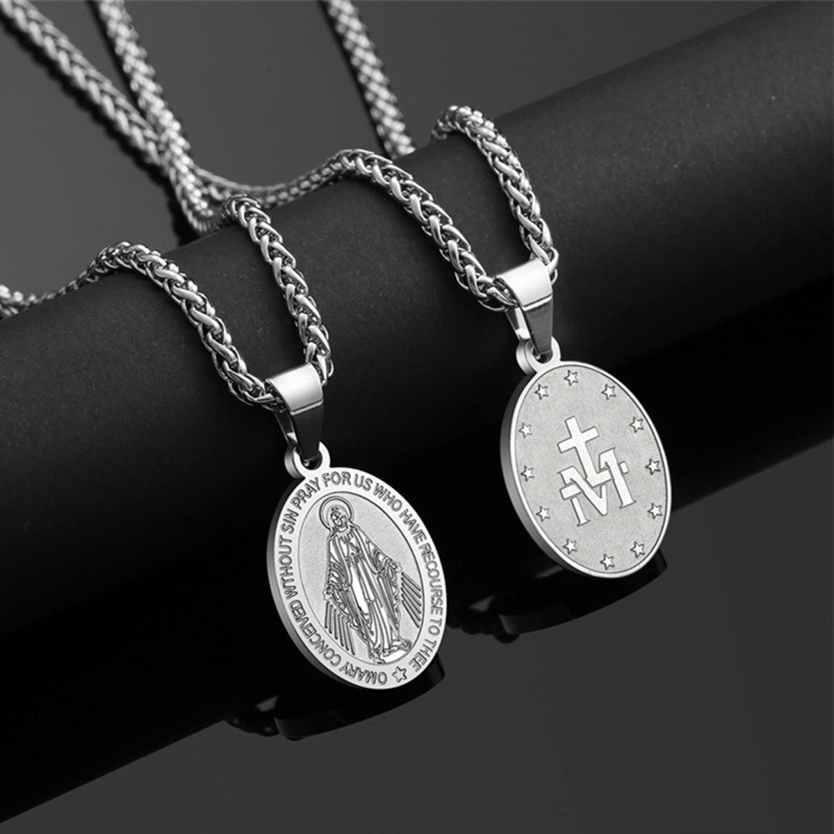 Minimalist Geometric Double-Sided Portrait Medal Pendant Necklace in Stainless Steel with Plated Finish on Snake Chain