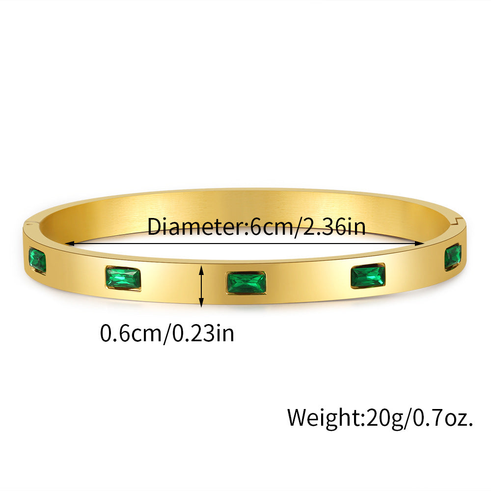 Vintage Geometric Titanium Steel Cuff Bracelet with Green Cubic Zirconia Inlay for Women
