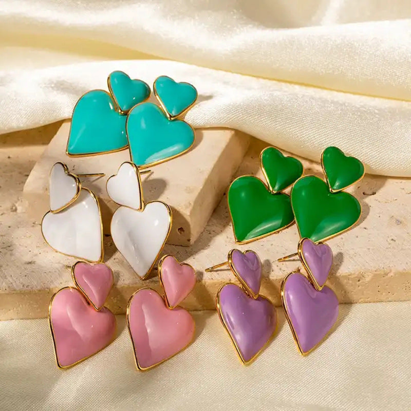Minimalist 18K Gold Plated Heart Enamel Drop Earrings Stainless Steel Fashion Jewelry for Women
