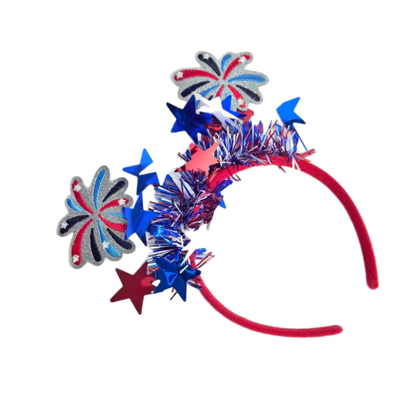 Fascia in Tessuto Ricamata a Righe Patriotiche Rosse Bianche Blu con Fuochi d'Artificio per la Festa dell'Indipendenza