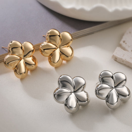 Luxury 18K Gold Plated Brass Geometric Floral Stud Earrings for Women
