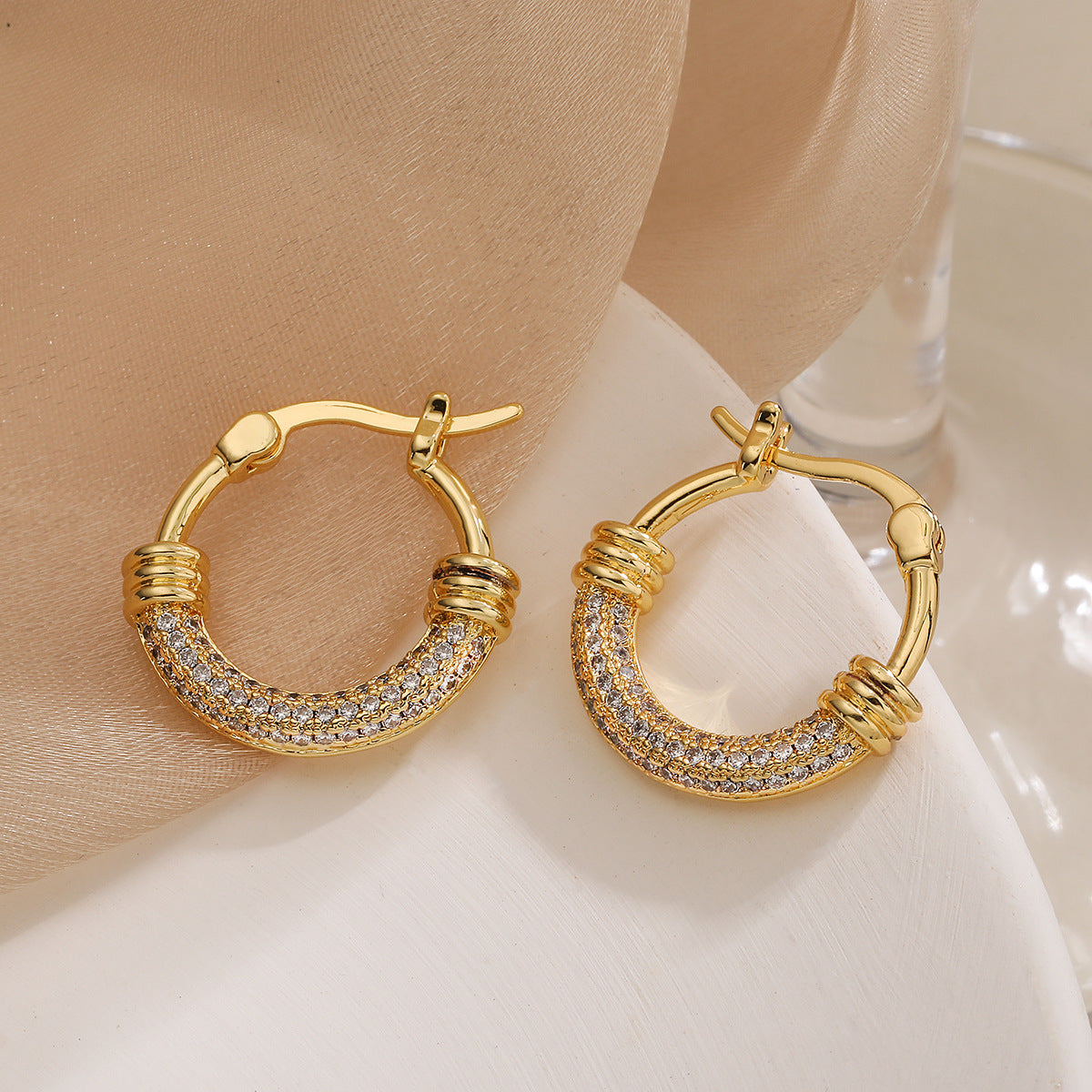 Minimalist Geometric Copper Earrings with Gold Plating and Zircon Inlay for Women