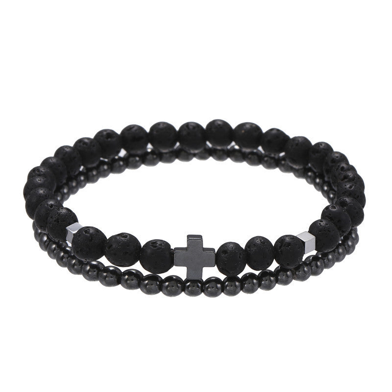 Fashion Geometric Hematite and Lava Stone Beaded Bracelet Set for Men and Women
