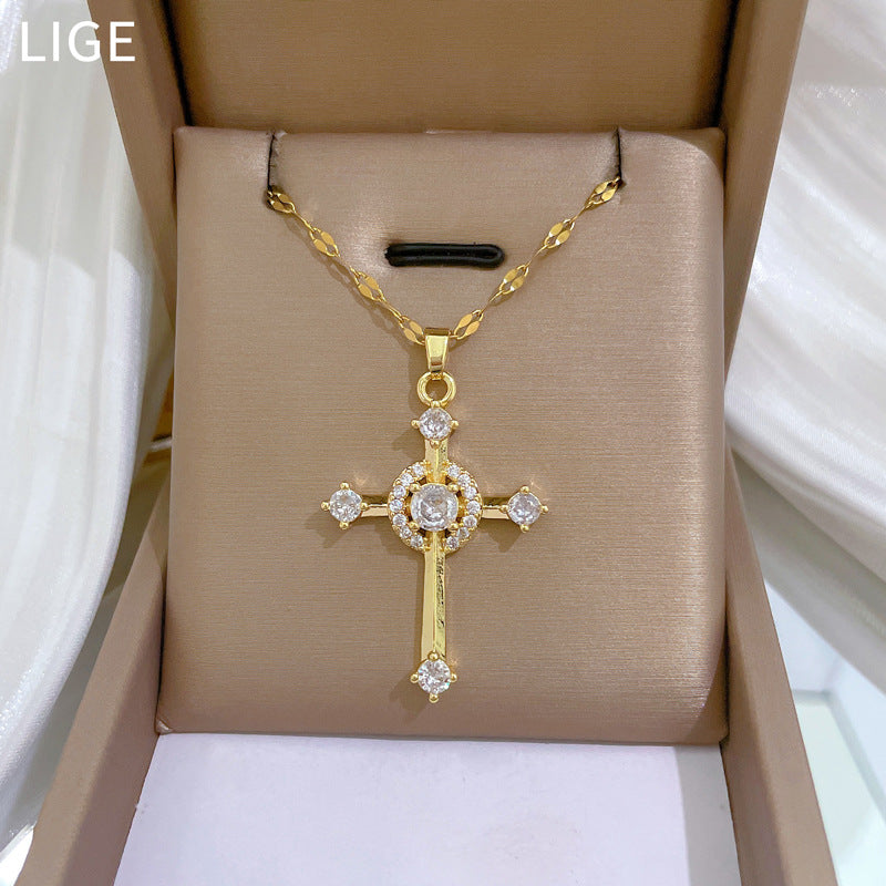 Collana con pendente di lusso Sweet Cross in zirconi e catena a collare in acciaio al titanio