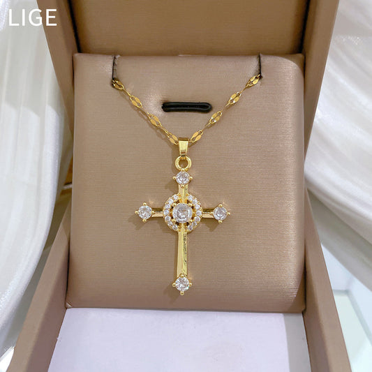 Luxury Sweet Cross Zircon Pendant Necklace in Titanium Steel Collar Chain