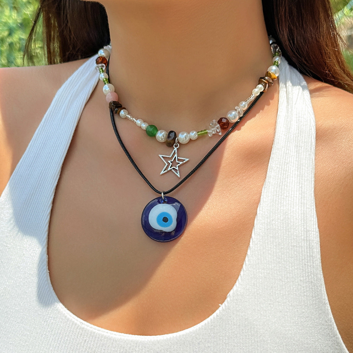 Y2K Blue Evil Eye Geometric Alloy Pendant Beaded Wax Cord Necklace for Women