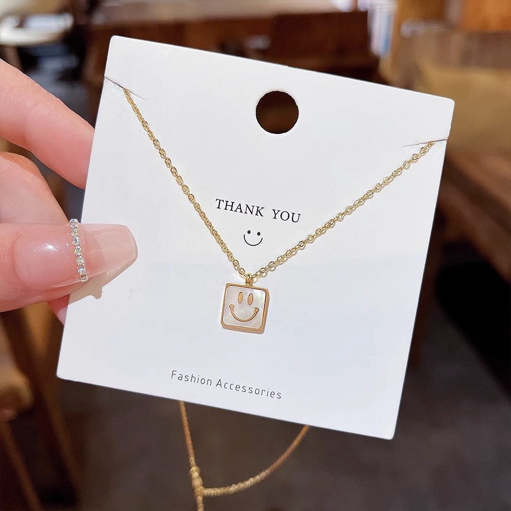 Minimalist Square Shell Smile Pendant Necklace for Women Titanium Steel with Gold Plating Locket Chain