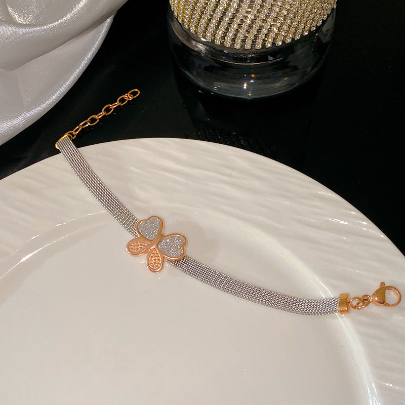 Sweet Butterfly Micro-Set Cubic Zirconia Woven Rope Chain Titanium Steel Bracelet