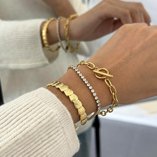18K Gold Plated Stainless Steel Round Geometric Cubic Zirconia Bracelet