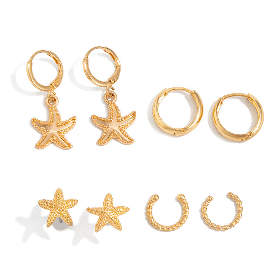 Elegant Alloy Starfish and Pearl Stud Earrings with Shell Elements
