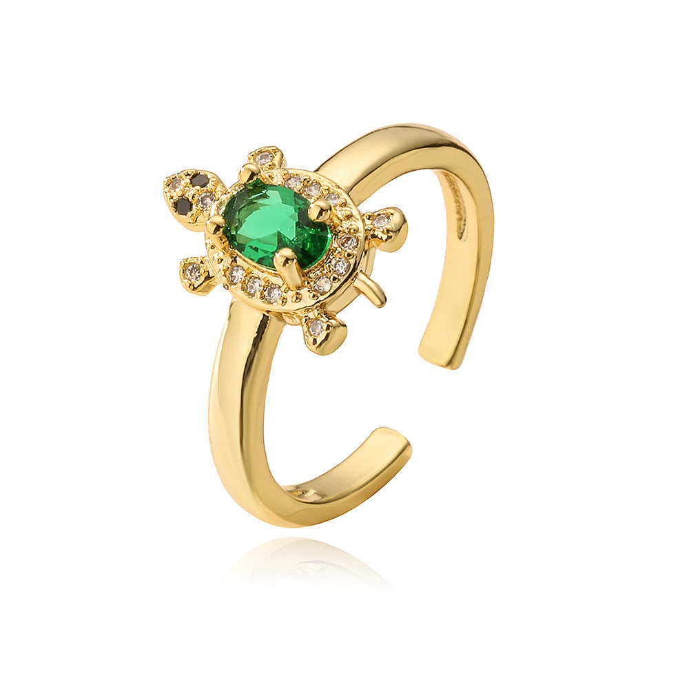 Anello Aperto Tartaruga Farfalla Geometrica da Donna in Rame con Placcatura in Oro 18K e Intarsio di Zirconi
